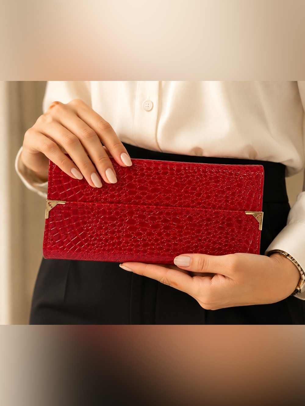 Red Crocodile Embossed Patent Wallet Clutch – Gold Accent Details